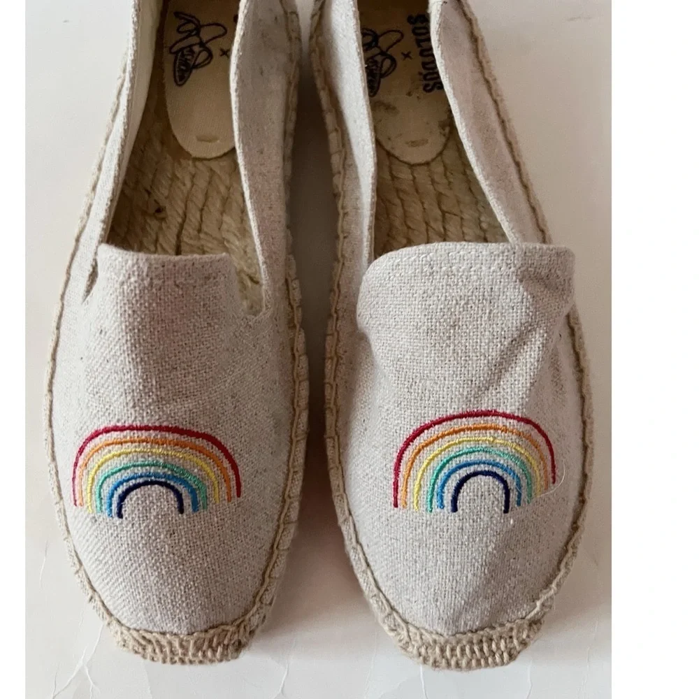 Soludos x Ash Kahn Natural Rainbow Embroidered Platform Espadrilles Size 9